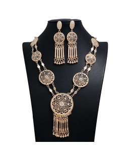 Golden Hollow Linked Floral Pattern Rounds Royal Fashion Women Costume Necklace and Earrings Set