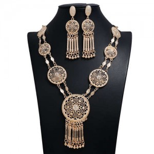 Golden Hollow Linked Floral Pattern Rounds Royal Fashion Women Costume Necklace and Earrings Set