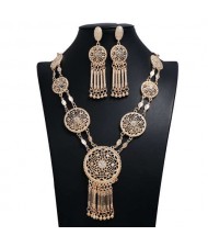Golden Hollow Linked Floral Pattern Rounds Royal Fashion Women Costume Necklace and Earrings Set