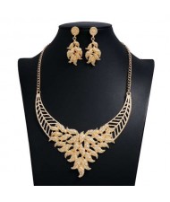 Hollow Vintage Golden Leaves High Fashion Women Alloy Short Bib Necklace and Earrings Set