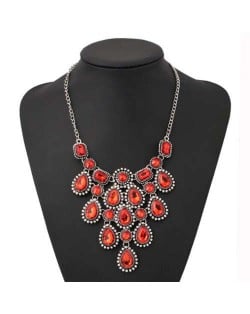Vintage Gems Cluster Embellished Waterdrops Design High Fashion Women Wholesale Bib Costume Necklace - Red