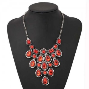 Vintage Gems Cluster Embellished Waterdrops Design High Fashion Women Wholesale Bib Costume Necklace - Red