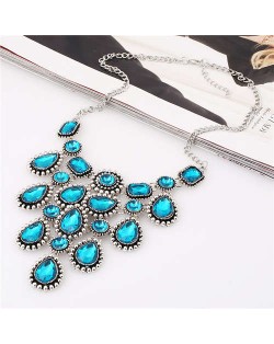 Vintage Gems Cluster Embellished Waterdrops Design High Fashion Women Wholesale Bib Costume Necklace - Blue