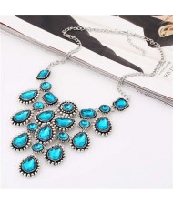 Vintage Gems Cluster Embellished Waterdrops Design High Fashion Women Wholesale Bib Costume Necklace - Blue