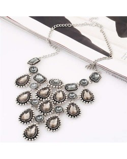 Vintage Gems Cluster Embellished Waterdrops Design High Fashion Women Wholesale Bib Costume Necklace - Gray