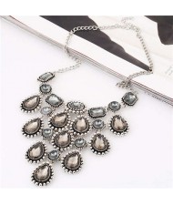 Vintage Gems Cluster Embellished Waterdrops Design High Fashion Women Wholesale Bib Costume Necklace - Gray