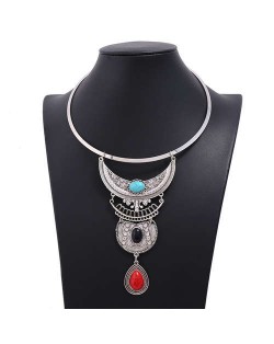 Artificial Turquoise Inlaid Vintage Arch and Waterdrop Pendant Women Wholesale Bib Statement Necklace