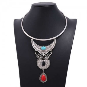 Artificial Turquoise Inlaid Vintage Arch and Waterdrop Pendant Women Wholesale Bib Statement Necklace