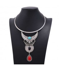 Artificial Turquoise Inlaid Vintage Arch and Waterdrop Pendant Women Wholesale Bib Statement Necklace