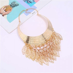 Hollow Leaves Tassel Arch Shape Design Women Wholesale Bib Statement Necklace - Golden