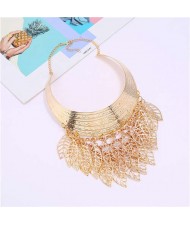 Hollow Leaves Tassel Arch Shape Design Women Wholesale Bib Statement Necklace - Golden