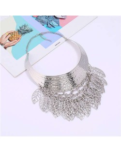 Hollow Leaves Tassel Arch Shape Design Women Wholesale Bib Statement Necklace - Silver