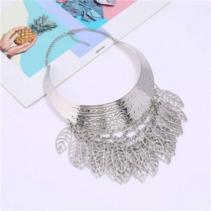 Hollow Leaves Tassel Arch Shape Design Women Wholesale Bib Statement Necklace - Silver