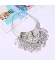 Hollow Leaves Tassel Arch Shape Design Women Wholesale Bib Statement Necklace - Silver