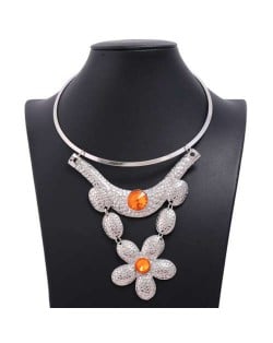 Gem Decorated Multi-layer Floral Design Wholesale Women Bib Costume Necklace - Silver