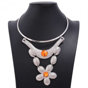 Gem Decorated Multi-layer Floral Design Wholesale Women Bib Costume Necklace - Silver