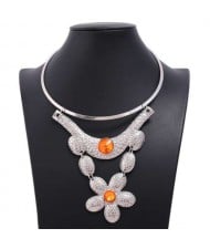 Gem Decorated Multi-layer Floral Design Wholesale Women Bib Costume Necklace - Silver