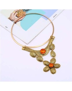 Gem Decorated Multi-layer Floral Design Wholesale Women Bib Costume Necklace - Golden