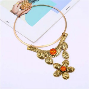 Gem Decorated Multi-layer Floral Design Wholesale Women Bib Costume Necklace - Golden