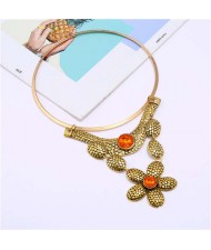 Gem Decorated Multi-layer Floral Design Wholesale Women Bib Costume Necklace - Golden