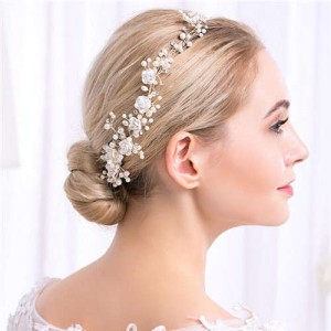 Pearl and Ceramic Flowers Jeweled Bridal Hair Comb/ Barrette