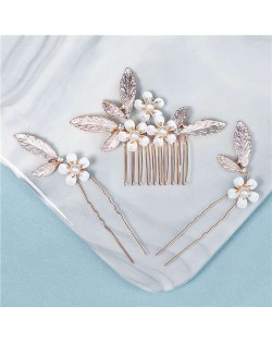 Vintage Floral Pattern Women Wedding Party 3 pcs Hair Pins and Comb Combo