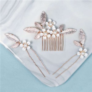 Vintage Floral Pattern Women Wedding Party 3 pcs Hair Pins and Comb Combo