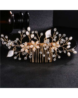 Pearl and Flowers Combo Gorgeous Women Wedding Hair Comb - Golden