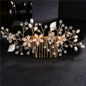 Pearl and Flowers Combo Gorgeous Women Wedding Hair Comb - Golden
