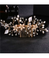 Pearl and Flowers Combo Gorgeous Women Wedding Hair Comb - Golden
