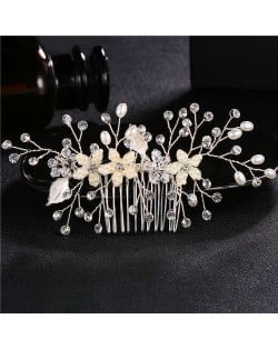 Pearl and Flowers Combo Gorgeous Women Wedding Hair Comb - Silver