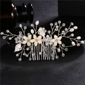 Pearl and Flowers Combo Gorgeous Women Wedding Hair Comb - Silver
