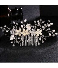 Pearl and Flowers Combo Gorgeous Women Wedding Hair Comb - Silver