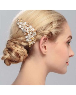 Shining Rhinestone Embellished Enamel Flowers Cluster Wedding Bridal Hair Comb - Golden