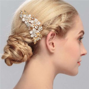 Shining Rhinestone Embellished Enamel Flowers Cluster Wedding Bridal Hair Comb - Golden