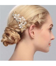 Shining Rhinestone Embellished Enamel Flowers Cluster Wedding Bridal Hair Comb - Golden