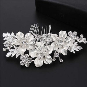 Shining Rhinestone Embellished Enamel Flowers Cluster Wedding Bridal Hair Comb - Silver