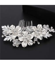 Shining Rhinestone Embellished Enamel Flowers Cluster Wedding Bridal Hair Comb - Silver