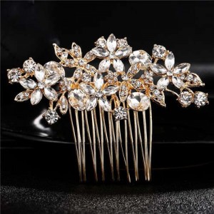 Shining Rhinestone Flowers Cluster Women Bridal Hair Comb - Golden