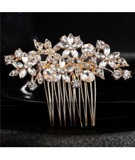 Shining Rhinestone Flowers Cluster Women Bridal Hair Comb - Golden