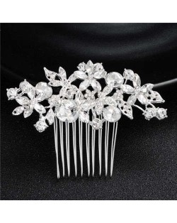 Shining Rhinestone Flowers Cluster Women Bridal Hair Comb - Silver