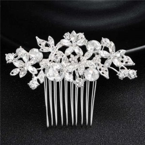 Shining Rhinestone Flowers Cluster Women Bridal Hair Comb - Silver