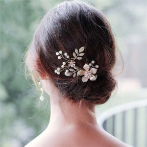 Oil-spot Glazed Flower and Leaves Bridal Women Hair Ornament