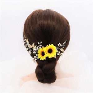 Sunflower Theme Fairy Style Bridal Women Hair Ornament - Golden
