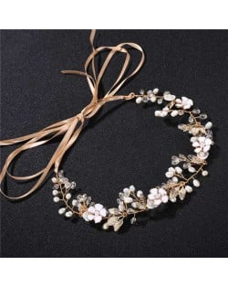 Pearl and Enamel Flowers Wedding Women Bridal Headband/ Hair Ornament - Golden
