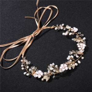 Pearl and Enamel Flowers Wedding Women Bridal Headband/ Hair Ornament - Golden