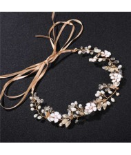 Pearl and Enamel Flowers Wedding Women Bridal Headband/ Hair Ornament - Golden