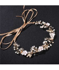 Pearl and Enamel Flowers Wedding Women Bridal Headband/ Hair Ornament - Golden