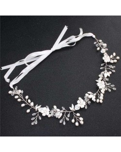 Pearl and Enamel Flowers Wedding Women Bridal Headband/ Hair Ornament - Silver