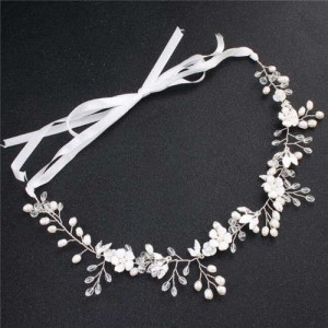 Pearl and Enamel Flowers Wedding Women Bridal Headband/ Hair Ornament - Silver